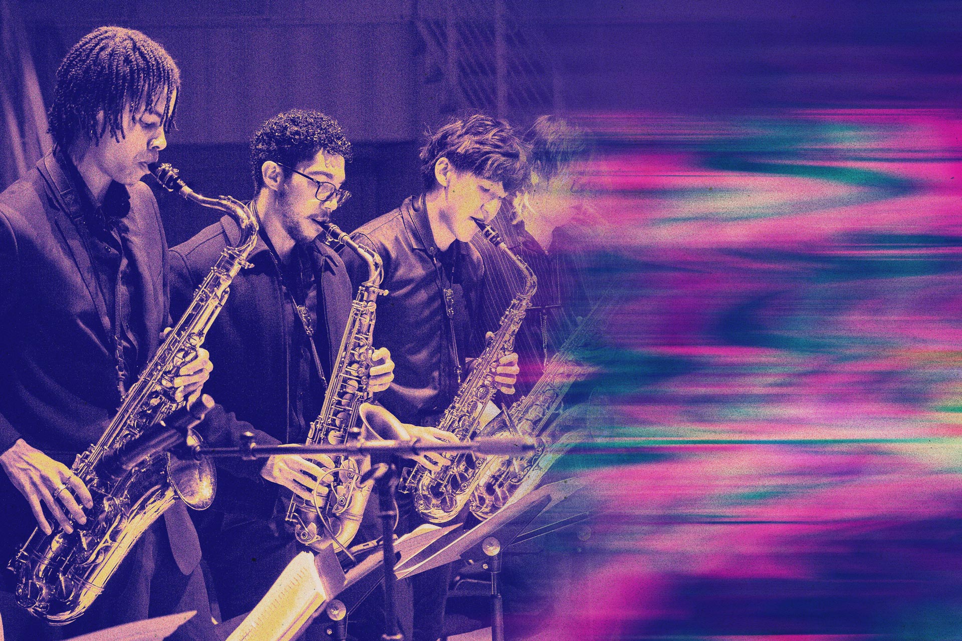 Four students playing saxophones.